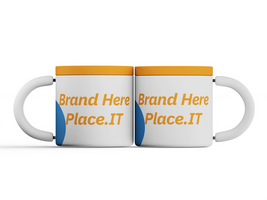 Pair of insulated mugs with yellow lids, blue handles, and customizable design area on white background psd