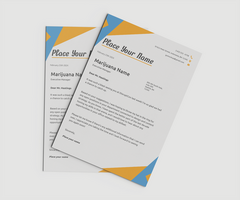 Two A5 paper mockups with overlapping modern geometric designs psd