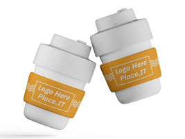 Set of two reusable cups with yellow branding sleeves arranged in a row psd