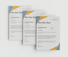 Set of three A5 papers arranged vertically with geometric accents. psd