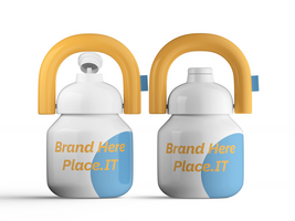 Pair of insulated water bottles with yellow handles, customizable branding, and blue base design. psd