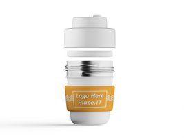 Insulated cup with customizable branding, metal middle section, and white cap, upright on white background. psd