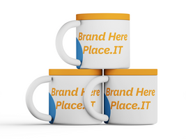 Stack of three insulated mugs with yellow lids and blue handles, customizable branding area. psd