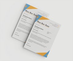Three A5 papers with modern geometric corner accents, displayed in layers. psd