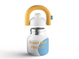 Single insulated water bottle standing upright with a blue base, yellow handle, and customizable branding. psd