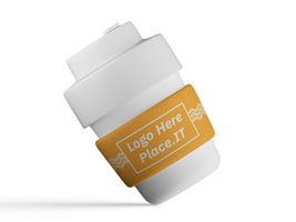Two reusable cups with yellow branding sleeves lying at an angle on white background psd