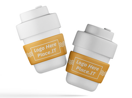 Two angled reusable cups with customizable yellow branding sleeves and white caps psd