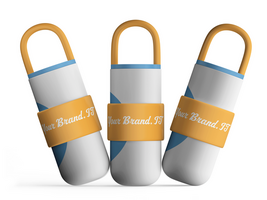 Trio of insulated water bottles with bold orange handles and customizable branding bands psd