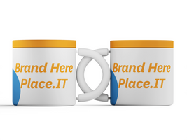 Pair of insulated mugs standing side by side showing front and handle view with customizable design psd