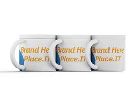 Group of three insulated mugs arranged horizontally, customizable branding on each mug. psd