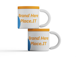 Front view of two insulated mugs with yellow lids and blue handles, ideal for promotional branding. psd