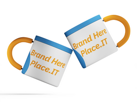 Two floating insulated mugs with yellow lids and blue handles, side view showcasing customizable branding. psd