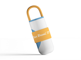 Angled insulated bottle mockup with bold orange handle and branding band. psd