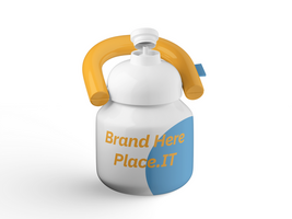 Top view of an insulated water bottle with open spout, yellow handle, and customizable branding area psd