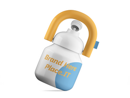 Angled view of a customizable white and blue insulated bottle with yellow handle and branding area. psd