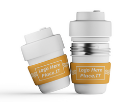 Vertical stack of two reusable cups with yellow branding sleeves, one with metal middle section psd