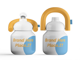 Front view of white and blue insulated bottle with removable cap, yellow handle, and branding area psd