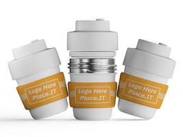Angled pair of reusable cups with yellow branding sleeves and customizable white lids psd
