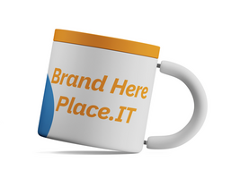 Single insulated mug with yellow lid, blue handle, and customizable branding area on white background psd