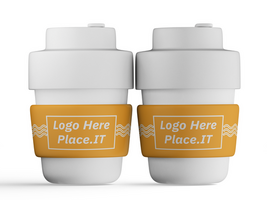 Front view of two reusable cups with yellow branding sleeves and white caps side by side. psd