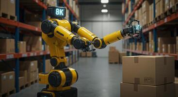 A robot is standing in a warehouse with boxes photo