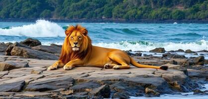 A lion is sitting on the rocks near the ocean photo