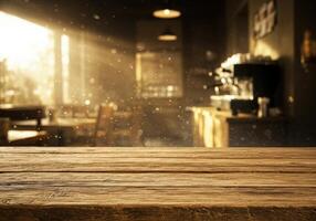 Wooden table top in a coffee shop with sunlight photo