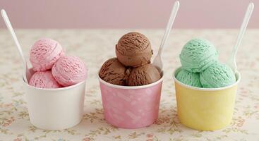 Three cups of ice cream with chocolate and strawberry toppings photo