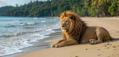 A lion is sitting on the beach photo