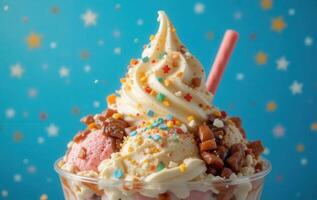 An ice cream sundae with sprinkles and toppings photo