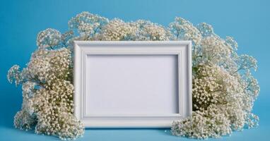 White frame with baby's breath on blue background photo