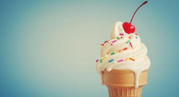 Ice cream cone with cherry on top photo
