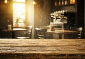 Wooden table top with coffee shop in the background photo