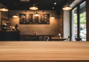 Table top in coffee shop with blurred background photo