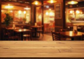 Wooden table top over restaurant interior with blurred background photo
