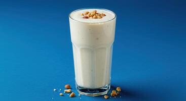 A glass of milk with nuts on top photo