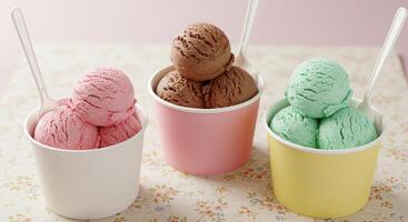 Three cups of ice cream with different colors photo