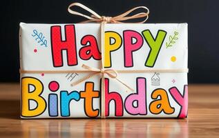 Happy birthday gift box with ribbon photo