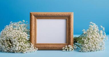 Photo frame with white flowers on blue background