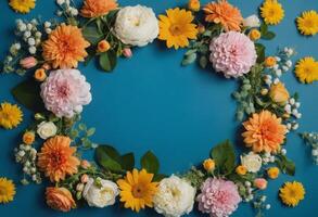 Flowers arranged in a circle on a blue background photo