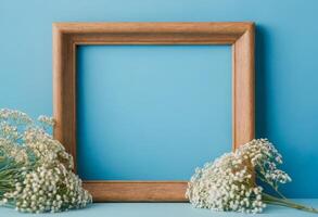 Wooden frame with baby's breath on blue background photo