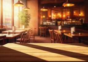 Wooden table in a restaurant with sunlight shining through the window photo