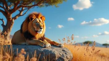 A lion is sitting on a rock in the middle of a field photo