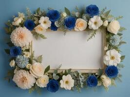 Blue and white flowers frame on blue background photo