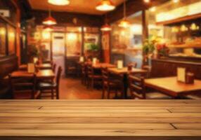 Wooden table in restaurant with blurred background photo