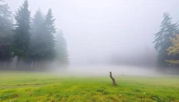 A green field with trees and fog in the background photo