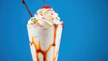 An ice cream sundae with whipped cream and sprinkles photo