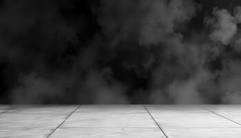 Black and white photo of a room with smoke coming out of the walls