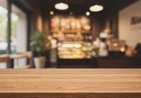 Table top in front of coffee shop with blurred background photo