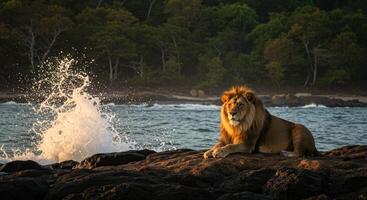 A lion sitting on the rocks near the ocean photo